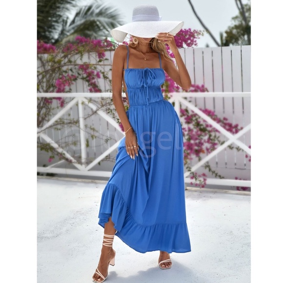 Blue Backless Maxi Dress Flared Tie Straps Ruffle Hem Gathered, Ruched Front - Picture 5 of 12